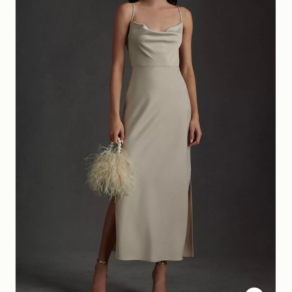 BHLDN Cali Satin Cowl-Neck Midi Slip Dress - champagne